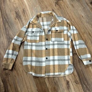 Plaid Button-Up Shirt in Tan and Gray
